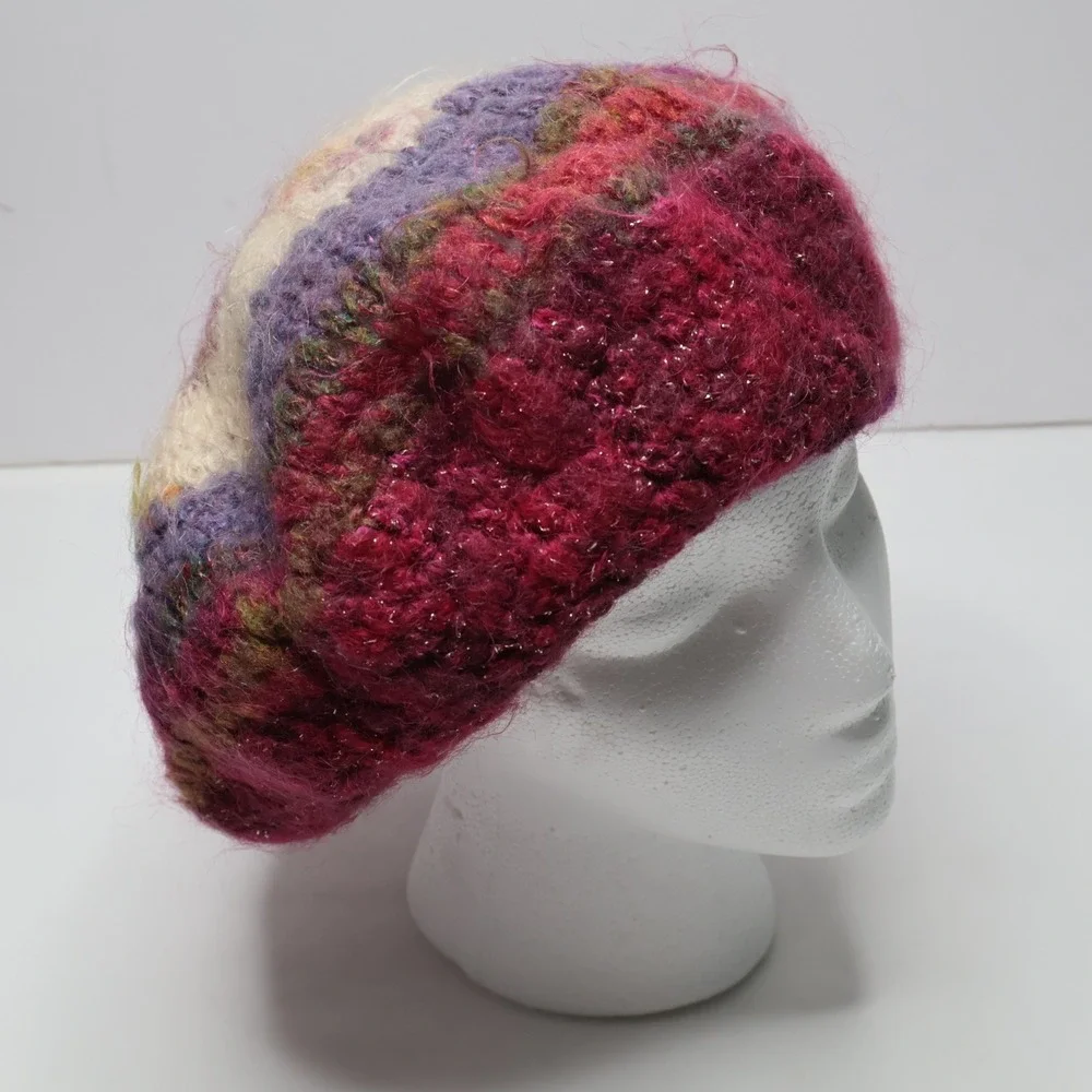 Handmade Style Crochet Knit Beret‎ Beanie Hat Multicolor Sparkle Boho Slouchy